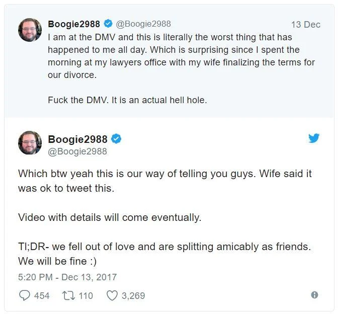 Boogie2988's December 2017 Twitter announcement of his divorce, posted from the DMV.
