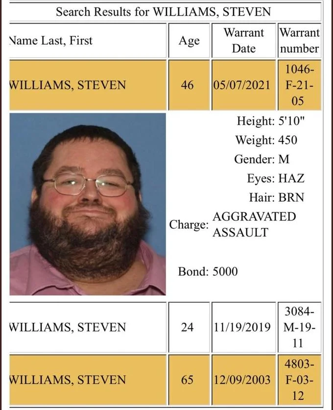 Public warrant record for Steven Williams (Boogie2988) following his May 2021 arrest for aggravated assault.
