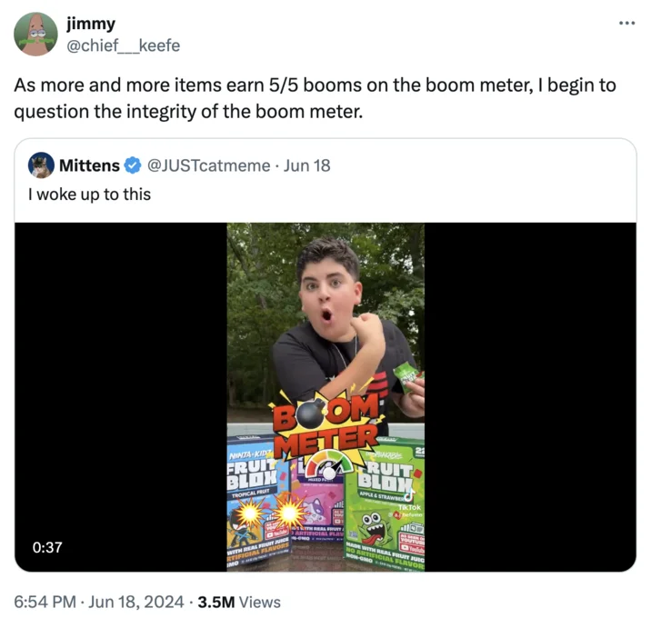 A viral X/Twitter reaction from June 2024 poking fun at how every snack seems to earn a perfect 5/5 rating on the Boom Meter.