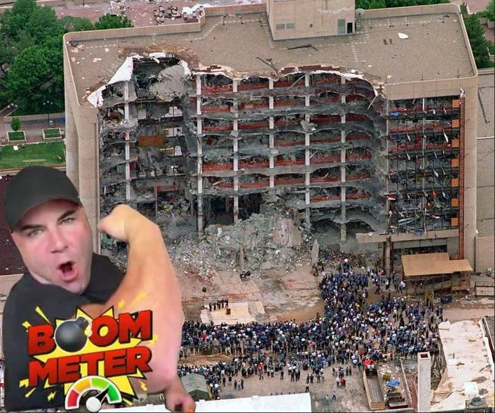 A dark-humor remix mashing up the Boom Meter format with the Oklahoma City bombing, one of many controversial edits circulated alongside the meme.