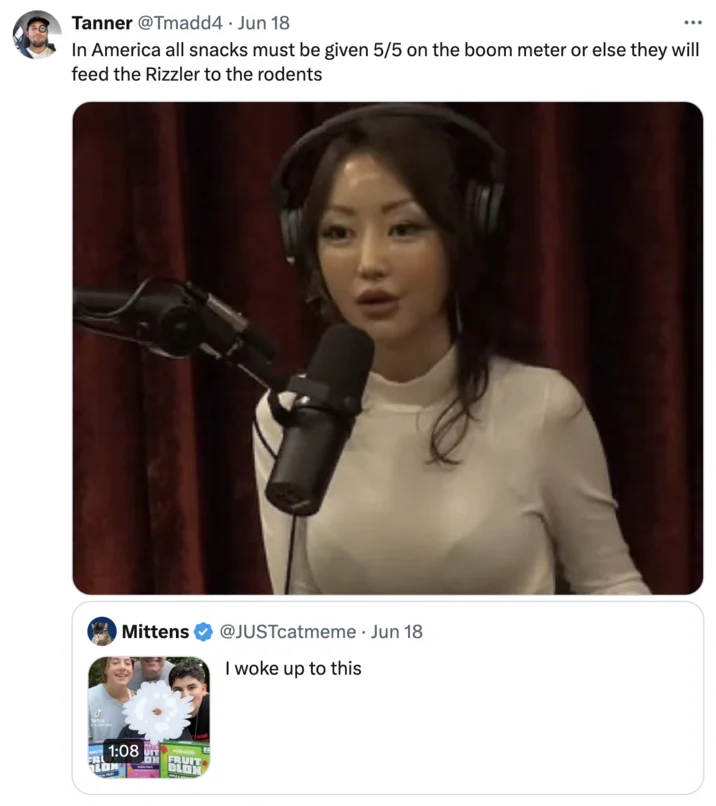 A widely-shared X/Twitter joke from June 2024 riffing on the Boom Meter's tendency to grade every snack with a perfect score.