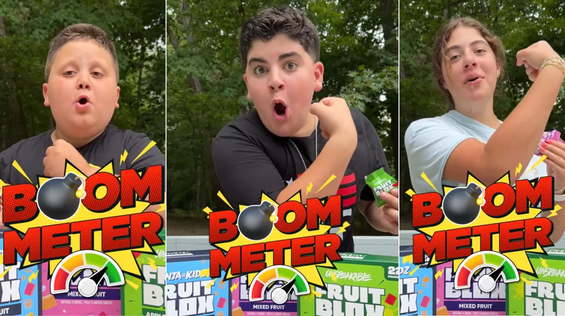 Stills from the viral TikTok snack-review videos that popularized the Boom Meter format, showing kids rating Fruit Blox candy with the signature bomb-themed logo and rating dial.
