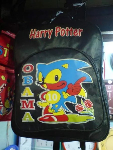 The iconic 'Harry Potter Obama Sonic' backpack, a widely shared example of a bootleg product mashing up multiple unrelated pop culture properties.