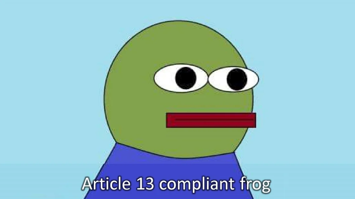 The 'Article 13 compliant frog' — a deliberately bootleg redraw of Pepe made in response to EU copyright rules, and a defining example of the bootleg memes trend.