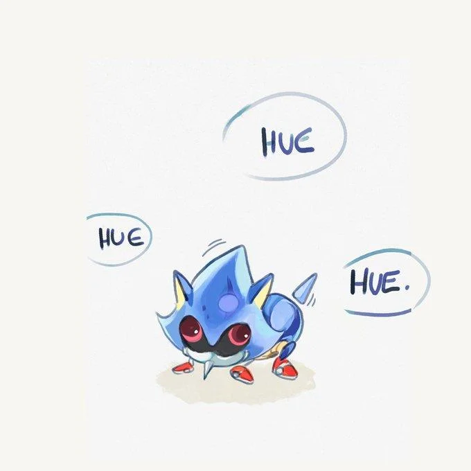 Chibi fan art of the bootleg Metal Sonic plush emitting its signature 'Hue Hue Hue' laugh.