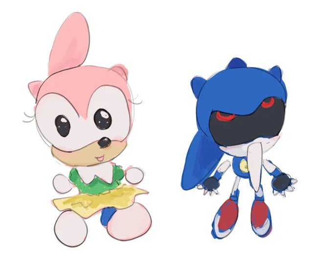 Chibi fan art showing a Sonic-universe rabbit character terrified by the bootleg Metal Sonic plush.