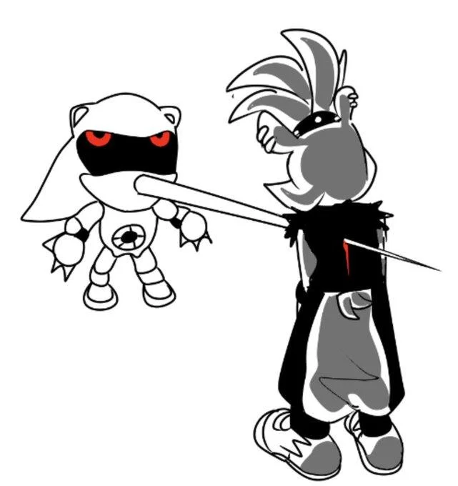 Dark humor fan illustration showing the bootleg Metal Sonic plush skewering Shadow the Hedgehog with its comically long snout.