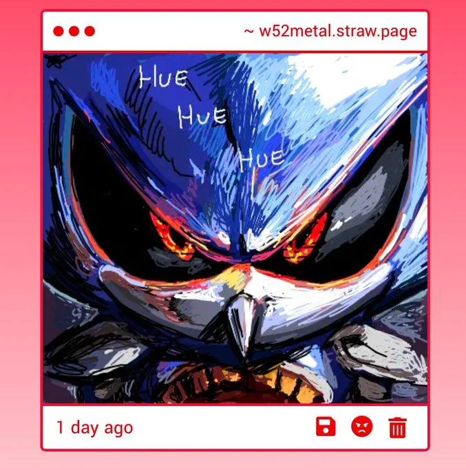 A Straw.page-style social post featuring a dramatic sketch of Metal Sonic with the meme's iconic 'Hue Hue Hue' laugh.