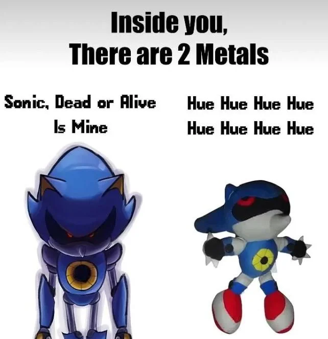 'Inside you there are 2 Metals' meme contrasting the menacing official Metal Sonic with the derpy bootleg plush's 'hue hue' persona.
