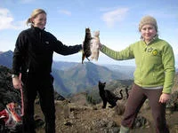 Outdoor mountain photograph with cat present.