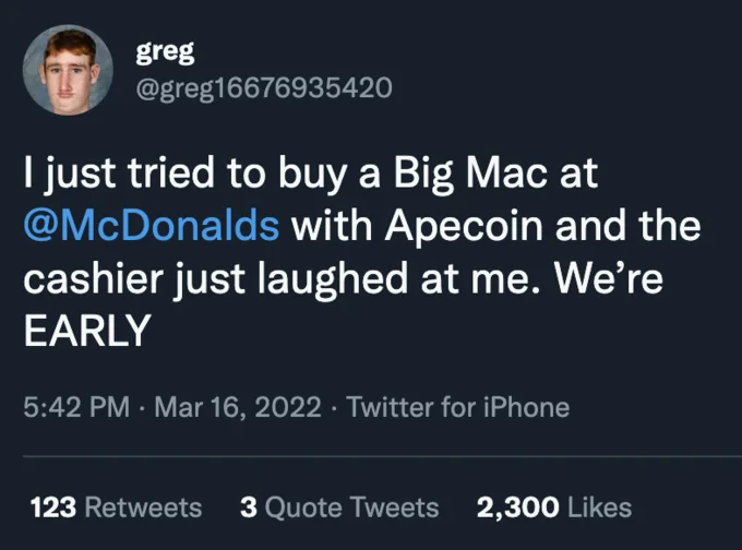 Humorous tweet about using ApeCoin for real-world transaction.