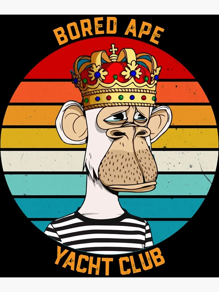 Official BAYC logo with crowned ape on striped background.
