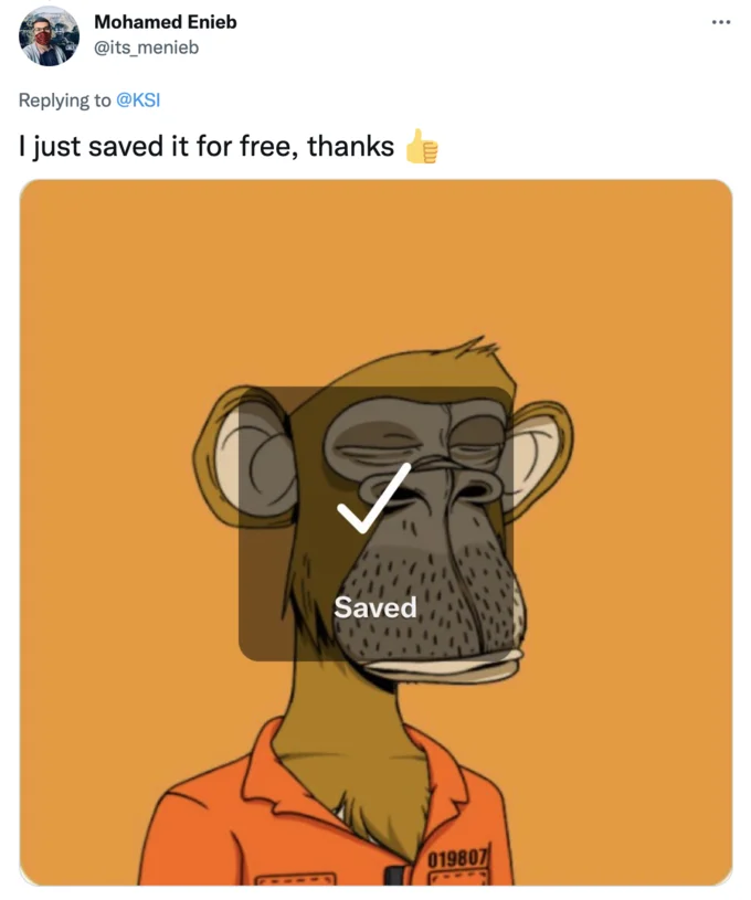 Humorous meme about copying NFT images for free.