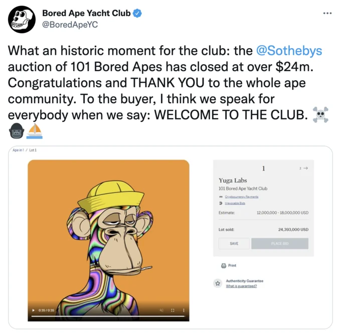 BAYC historic Sotheby's auction announcement.