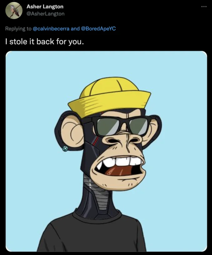 Humorous tweet about NFT recovery attempt.
