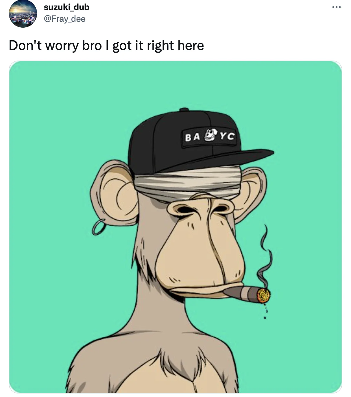 BAYC ape character as status symbol in Twitter post.