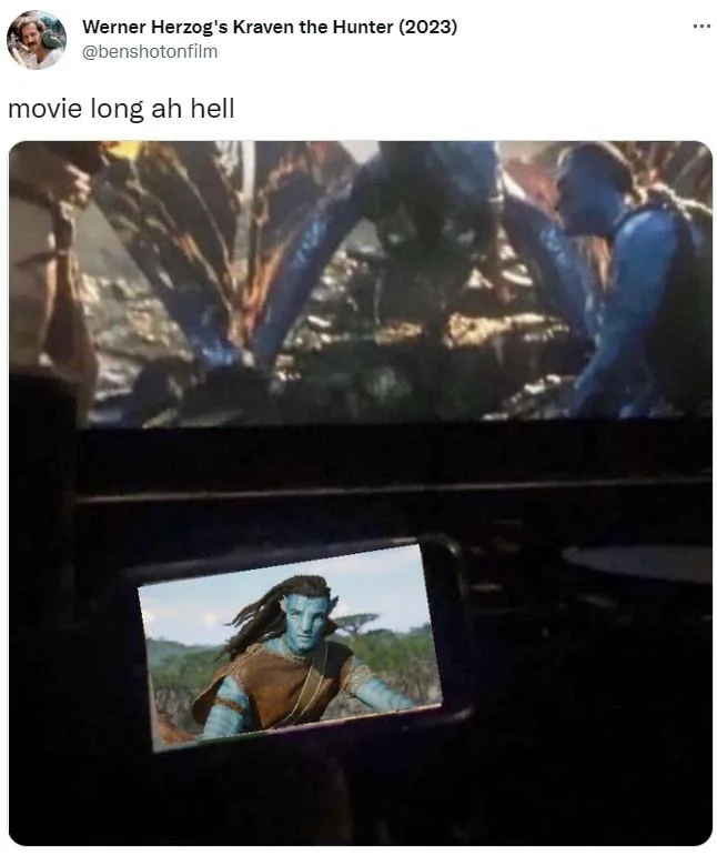 A Twitter post shares the Avatar cinema meme with the caption 'movie long ah hell.'