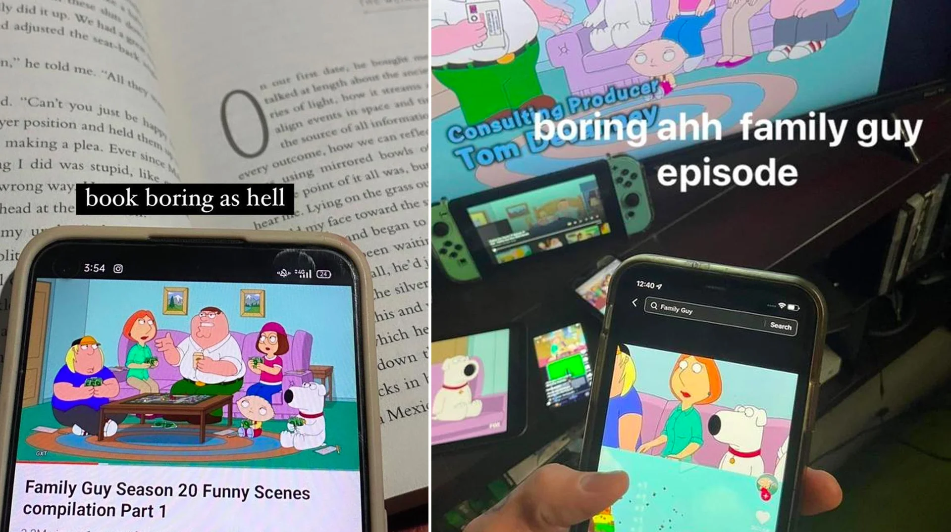 The header image for the 'Boring Ahh Family Guy Episode' meme, pairing everyday activities with second-screen Family Guy clips.