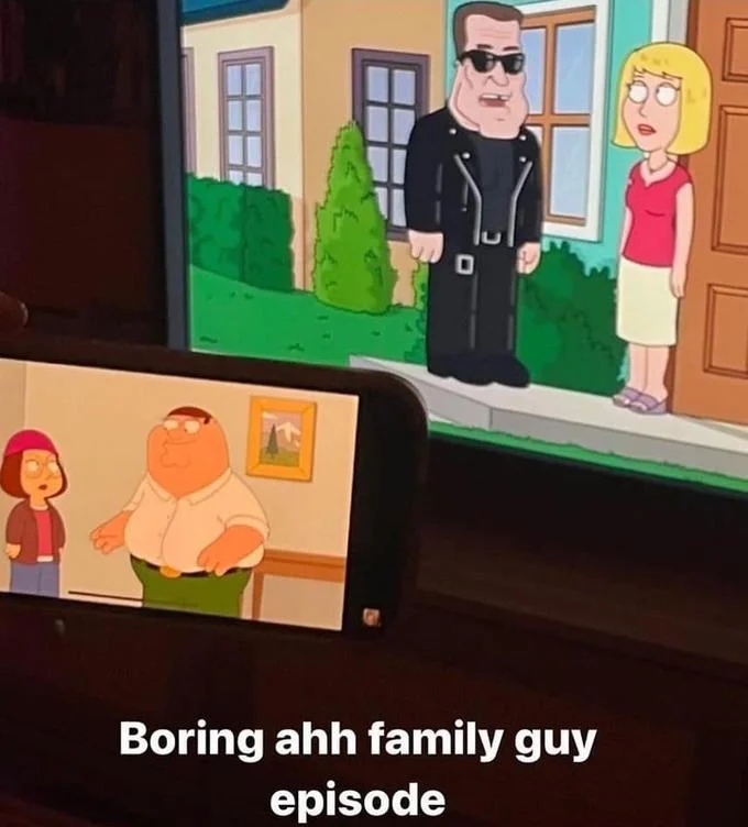 A viewer watches one Family Guy episode on TV while playing another on their phone, captioned 'Boring ahh family guy episode.'