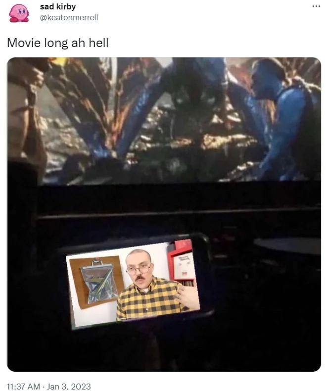 A Twitter post by @keatonmerrell shares the second-screening meme with the caption 'Movie long ah hell.'