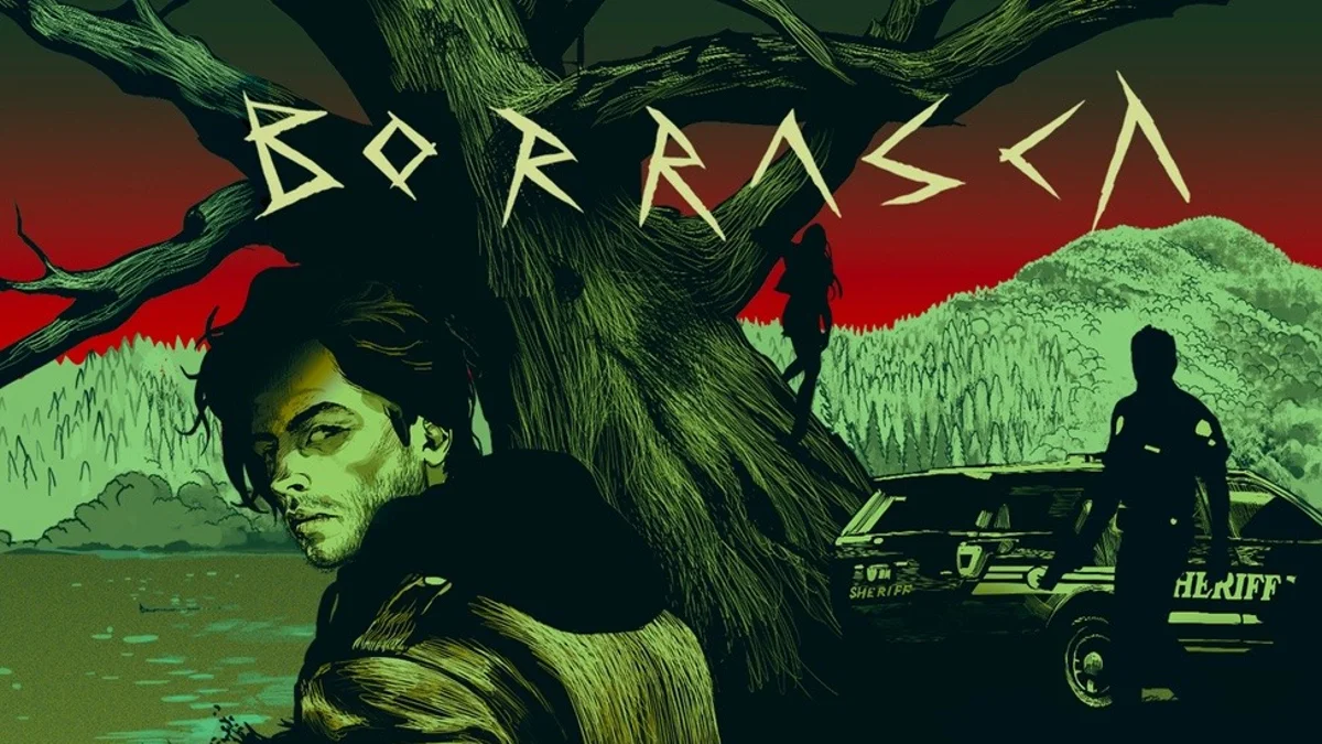 Promotional key art for the Borrasca horror audio drama featuring the story's central characters and the ominous Triple Tree.