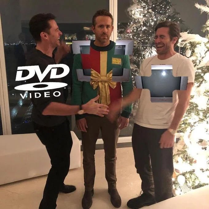 Christmas photo mashup with DVD logo and monitor heads.