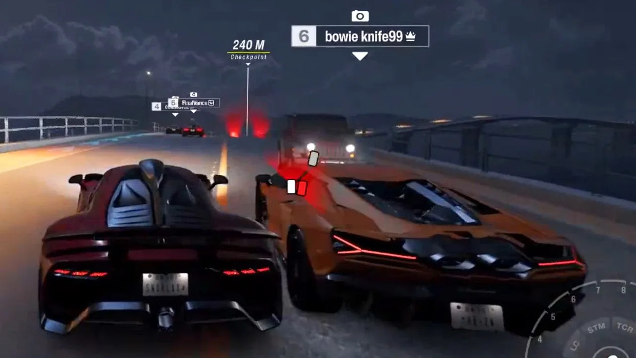 A Forza Horizon 6 in-game screenshot capturing the moment when player 'bowie knife99' rams into another racer, the act that launched the meme.
