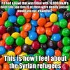 Low-quality Syrian refugee variant of M&Ms meme.