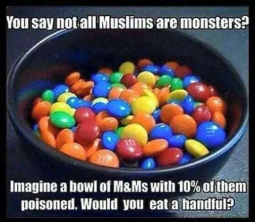 Bowl of M&Ms meme variant targeting Muslim populations.