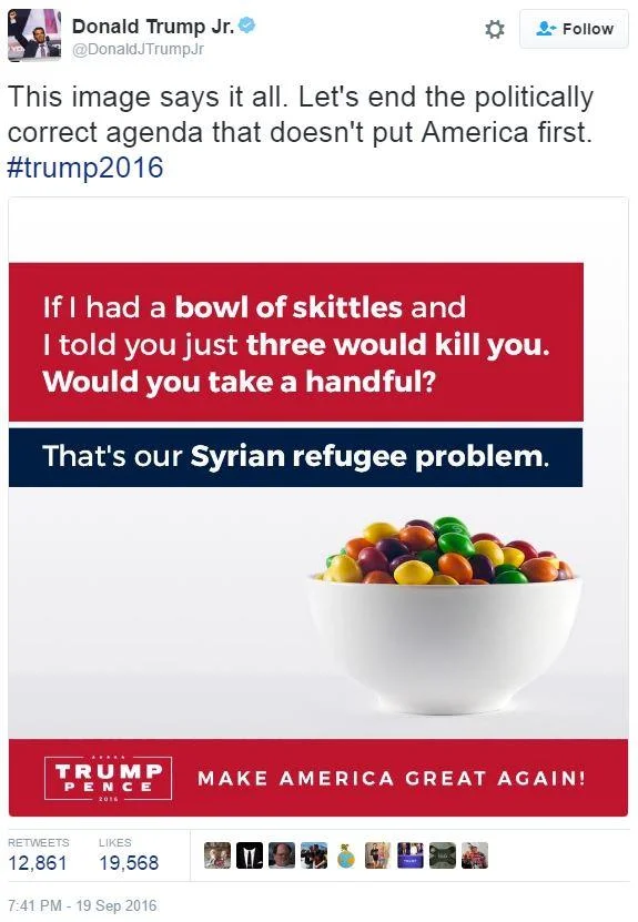 Trump Jr.'s controversial Skittles refugee meme tweet.