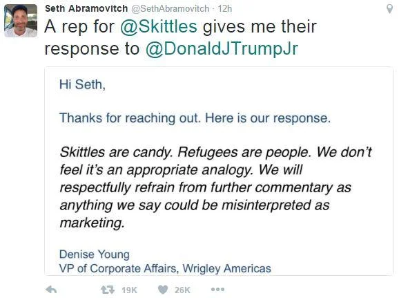 Wrigley's statement that refugees are people, not candy.