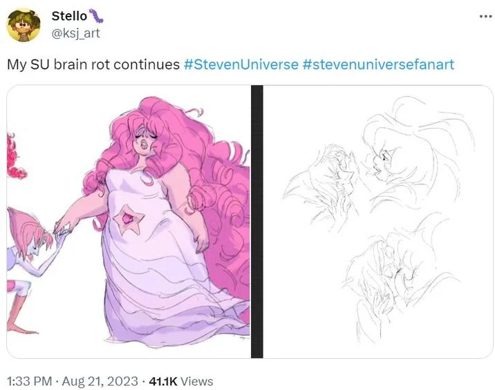 A 2023 fan-art tweet exemplifying the fandom sense of 'brain rot' as an affectionate obsession with a series like Steven Universe.