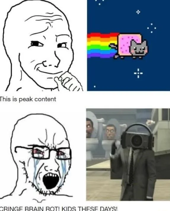 A wojak meme contrasting nostalgic 'peak content' like Nyan Cat with modern Skibidi Toilet-style brain rot, mocking generational cringe.