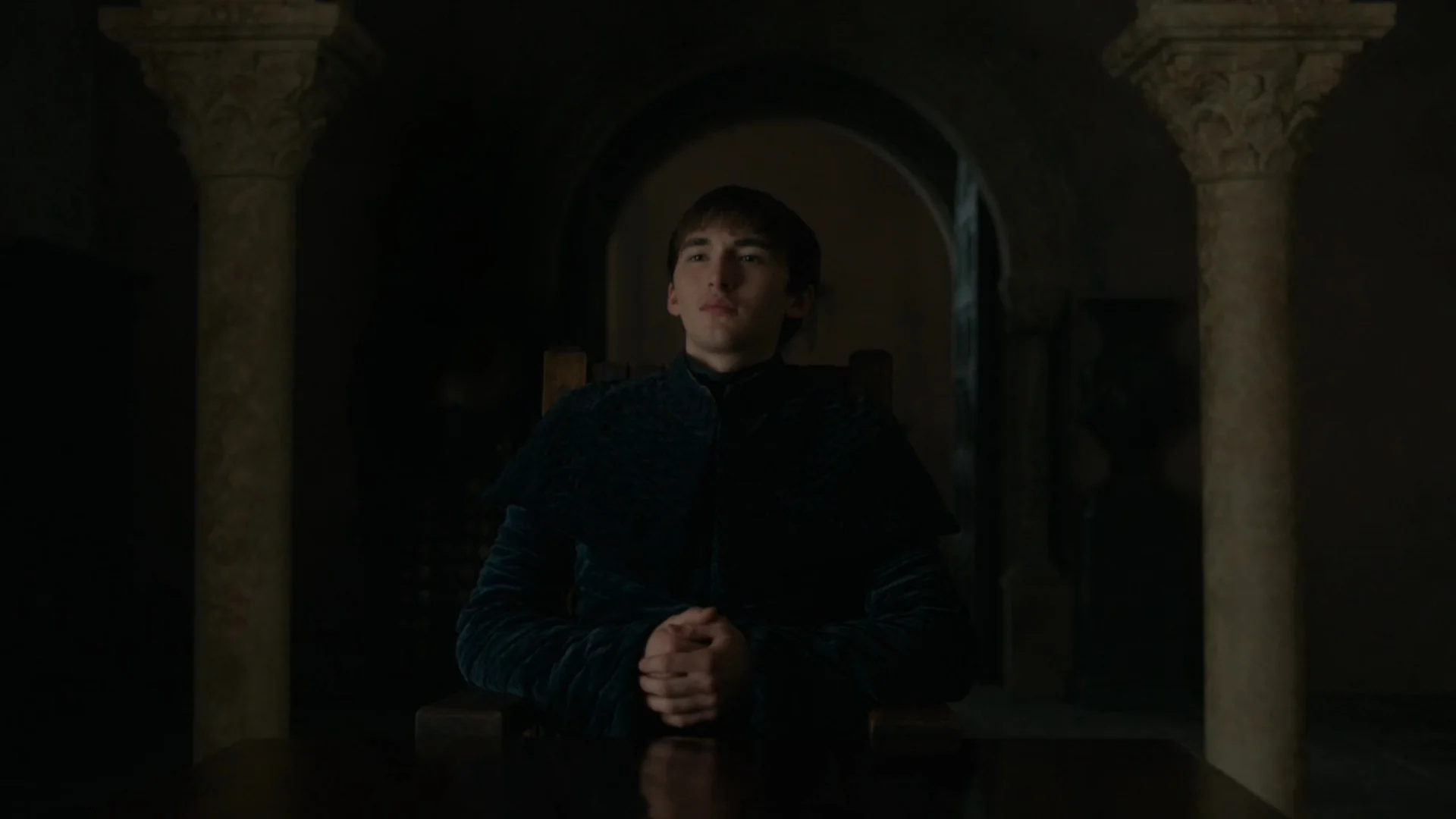 Bran Stark in the Game of Thrones series finale, moments before being named King of the Six Kingdoms as 'Bran the Broken.'