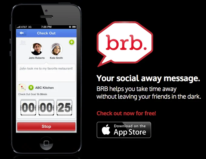 Promotional material for the 'brb.' iPhone app, which repurposed the acronym as a social away-message service.