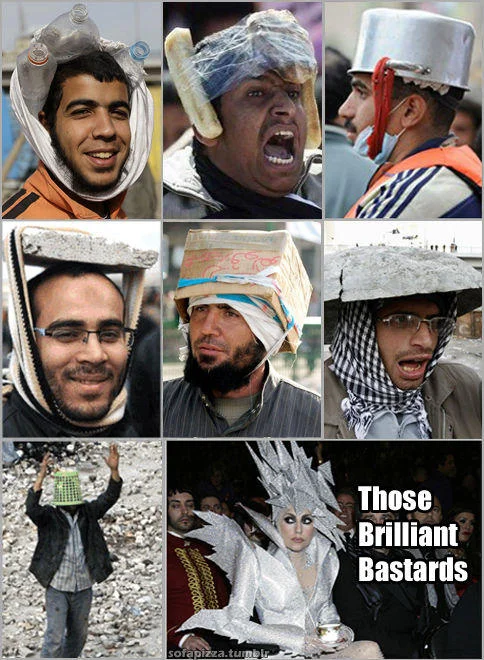 Grid collage comparing protest and fashion headgear.