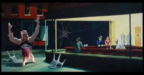 Bread Helmet Man breaking into Edward Hopper's Nighthawks.