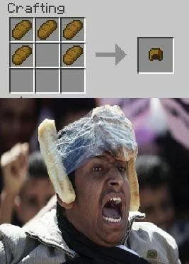 Minecraft crafting recipe meme format.