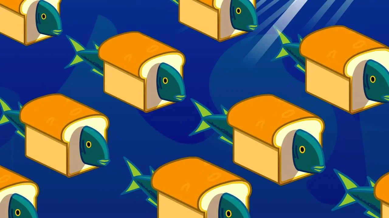 The iconic breadfish illustration depicting the hybrid creature as a school of bread-bodied fish swimming in the ocean.