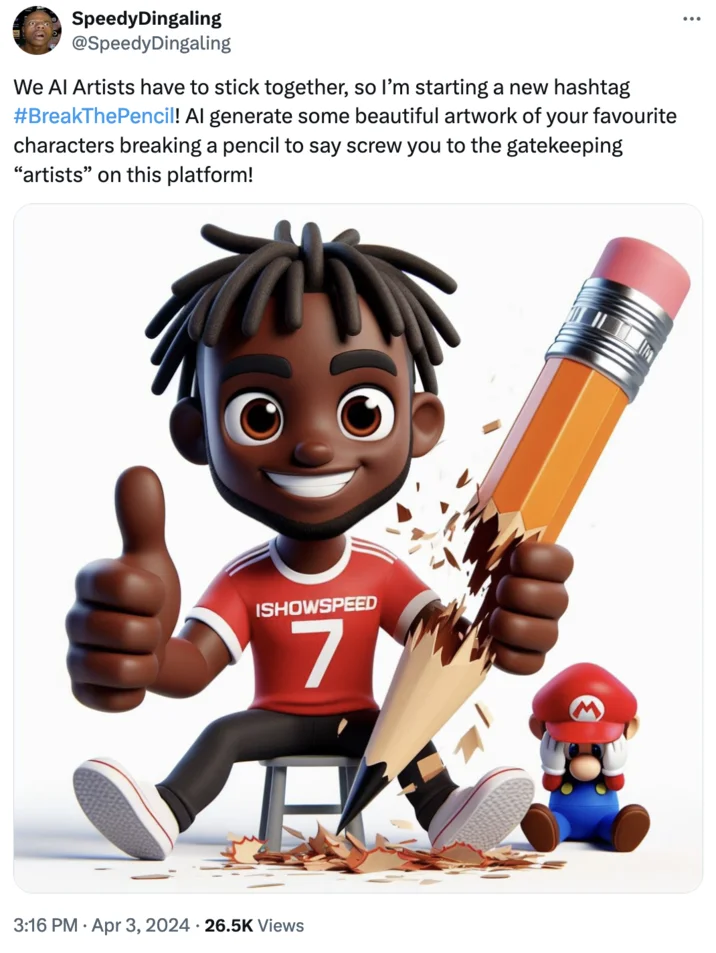 Cheerful character breaking pencil with Mario cameo.