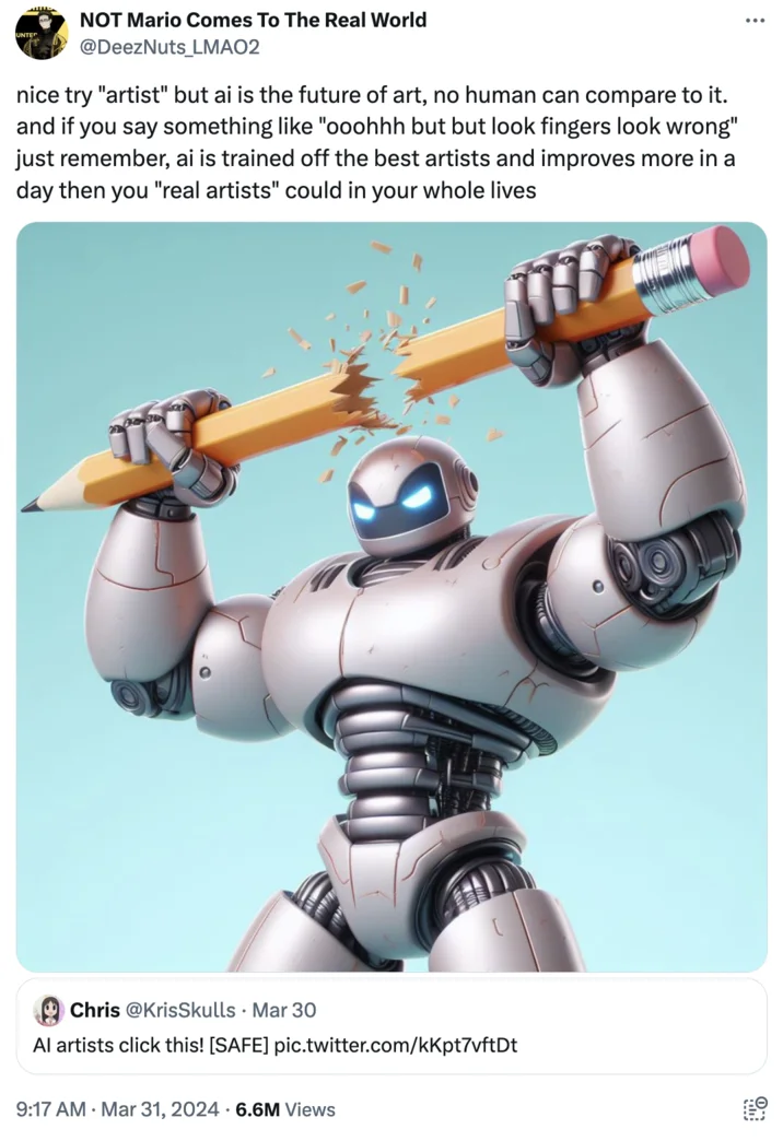 AI robot symbolically breaking traditional pencil.