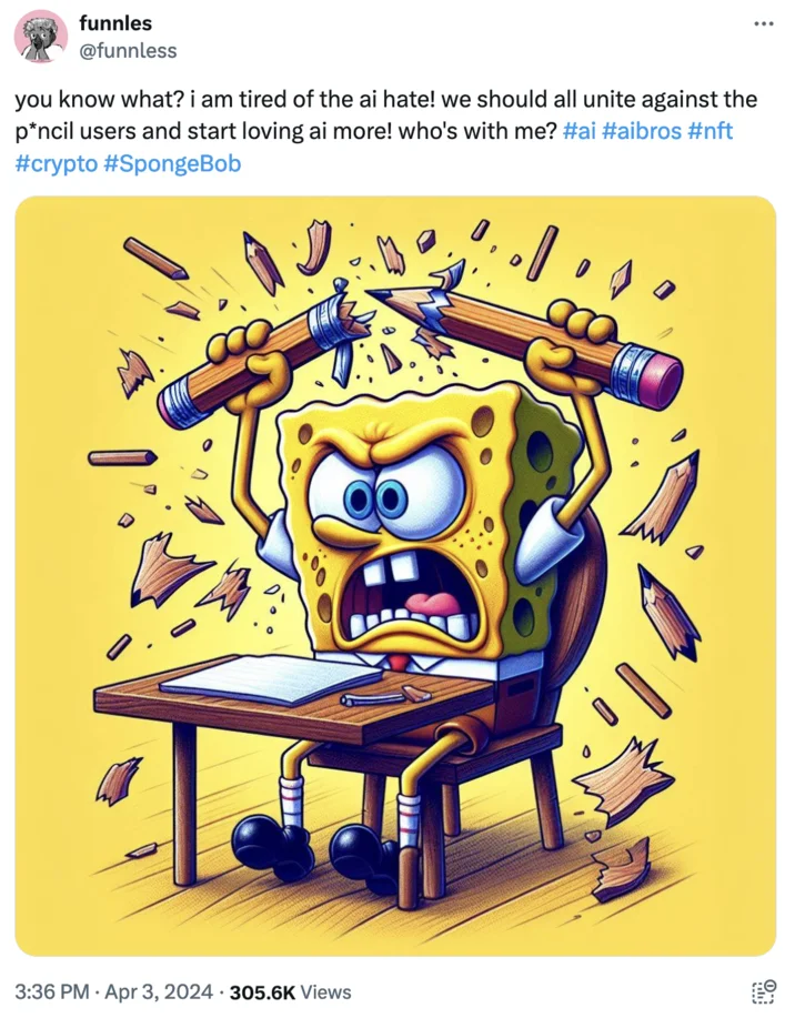 SpongeBob AI image breaking pencils in frustration.