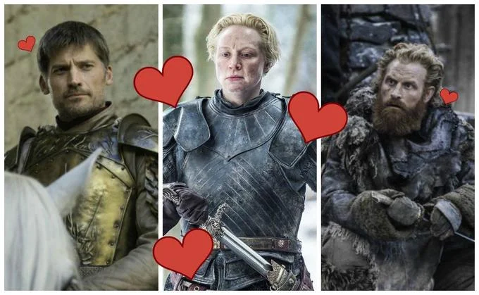 Brienne love triangle collage with heart emojis.