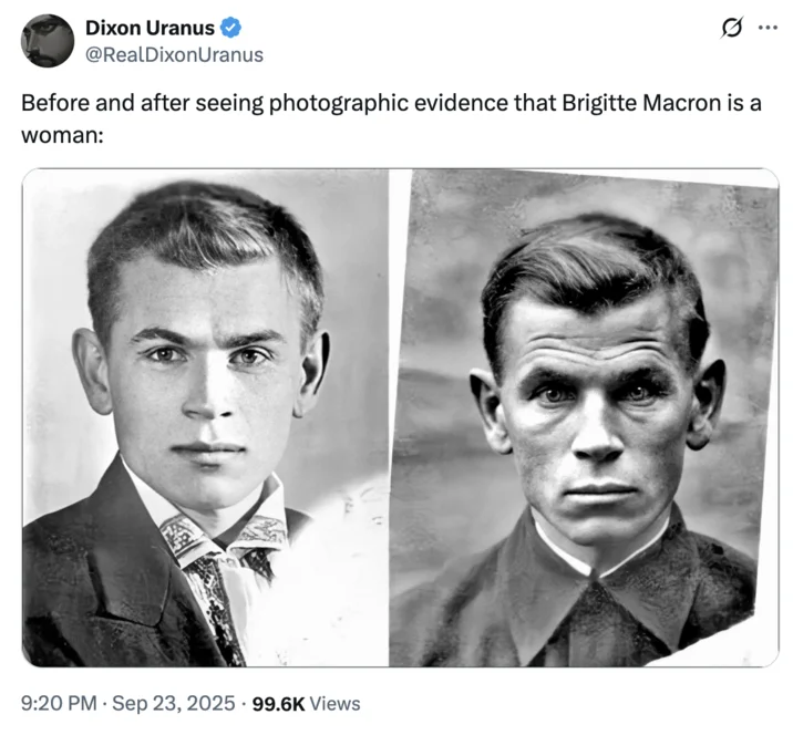 A September 2025 joke tweet using two vintage male portraits to caricature the reaction to Brigitte Macron's supposed evidence of womanhood.