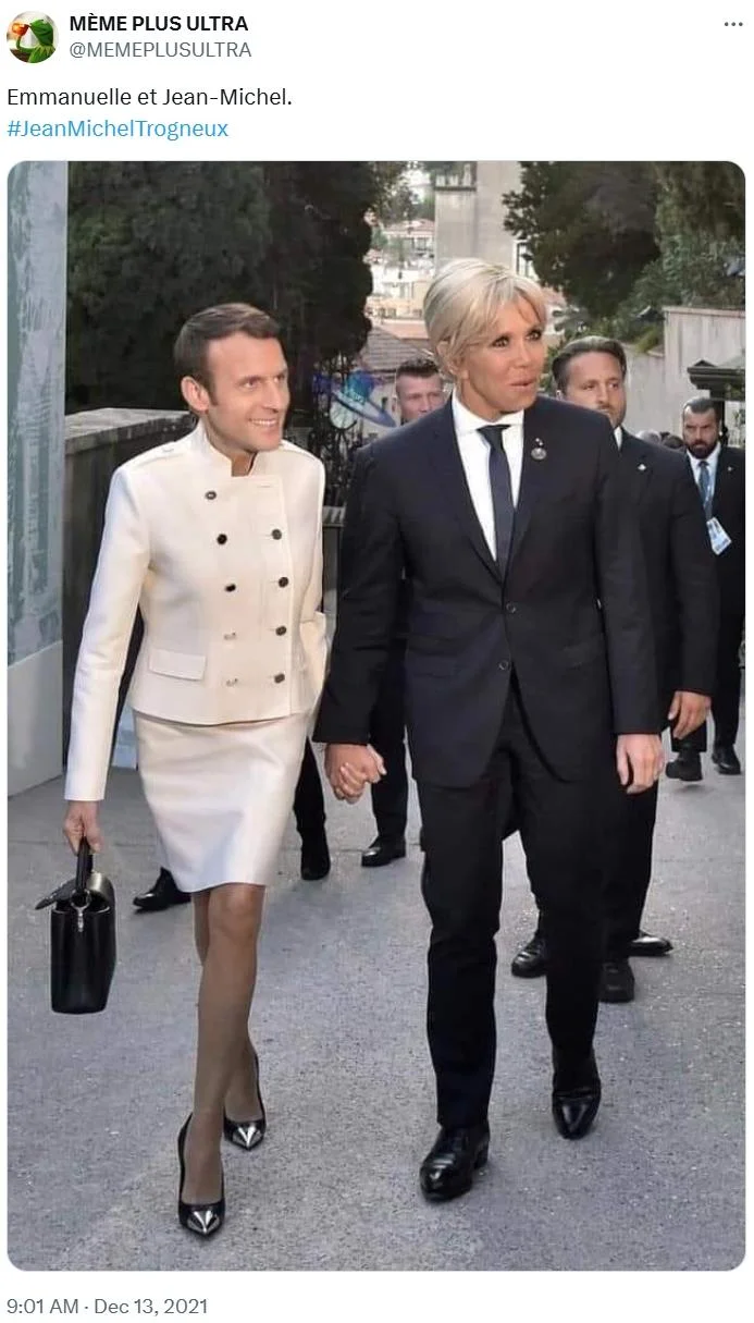 A viral 2021 tweet playing on the Jean-Michel Trogneux conspiracy by swapping the Macrons' faces onto opposite-gendered bodies.