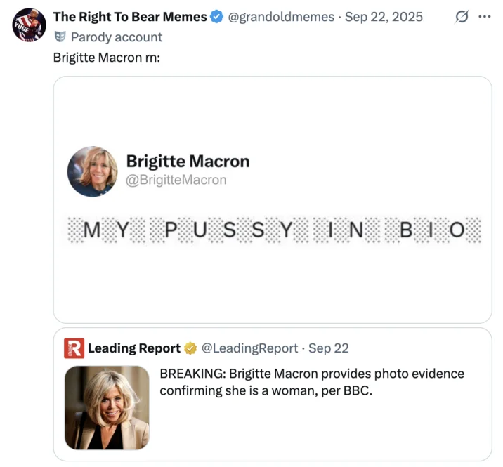 A parody reaction from The Right To Bear Memes mocking the Leading Report story about Brigitte Macron's alleged photographic evidence.