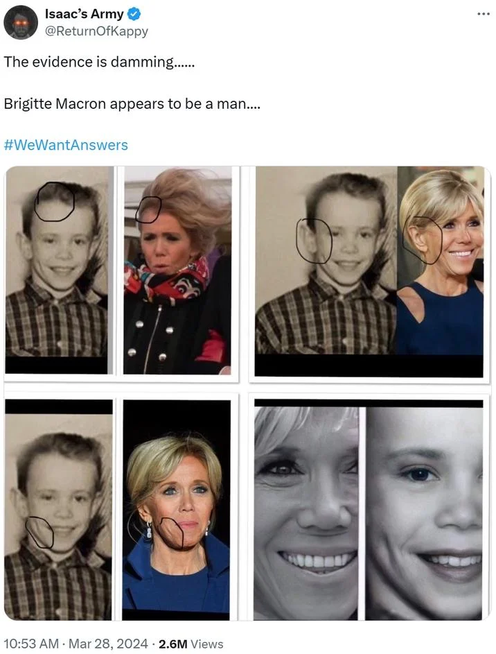 A March 2024 viral tweet that racked up 2.6 million views comparing Brigitte Macron's features to an alleged childhood photo of Jean-Michel Trogneux.