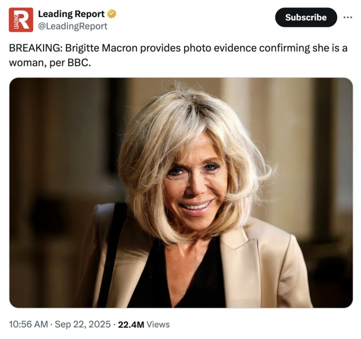 A September 2025 Leading Report post that garnered 22.4 million views after Brigitte Macron announced she would submit photographic evidence to counter the conspiracy.