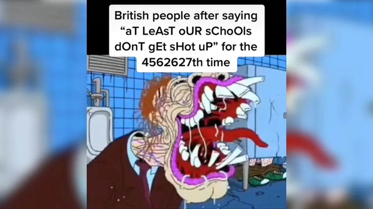 The cover image for the meme, using a mocking spongemock-style caption to portray British people endlessly repeating the school shooting comeback.