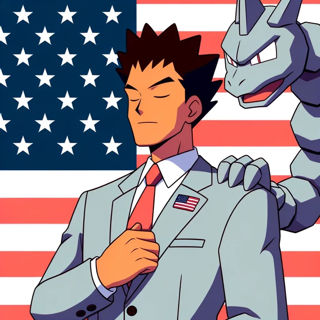 Brock Obama portrayed as president of the United States, flanked by his signature rock-type Pokémon Onix.